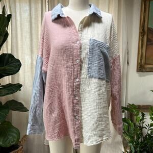 Soft Boho Colorblock Cotton Gauze Button-Up | Oversized Earthy Blush Shirt | L